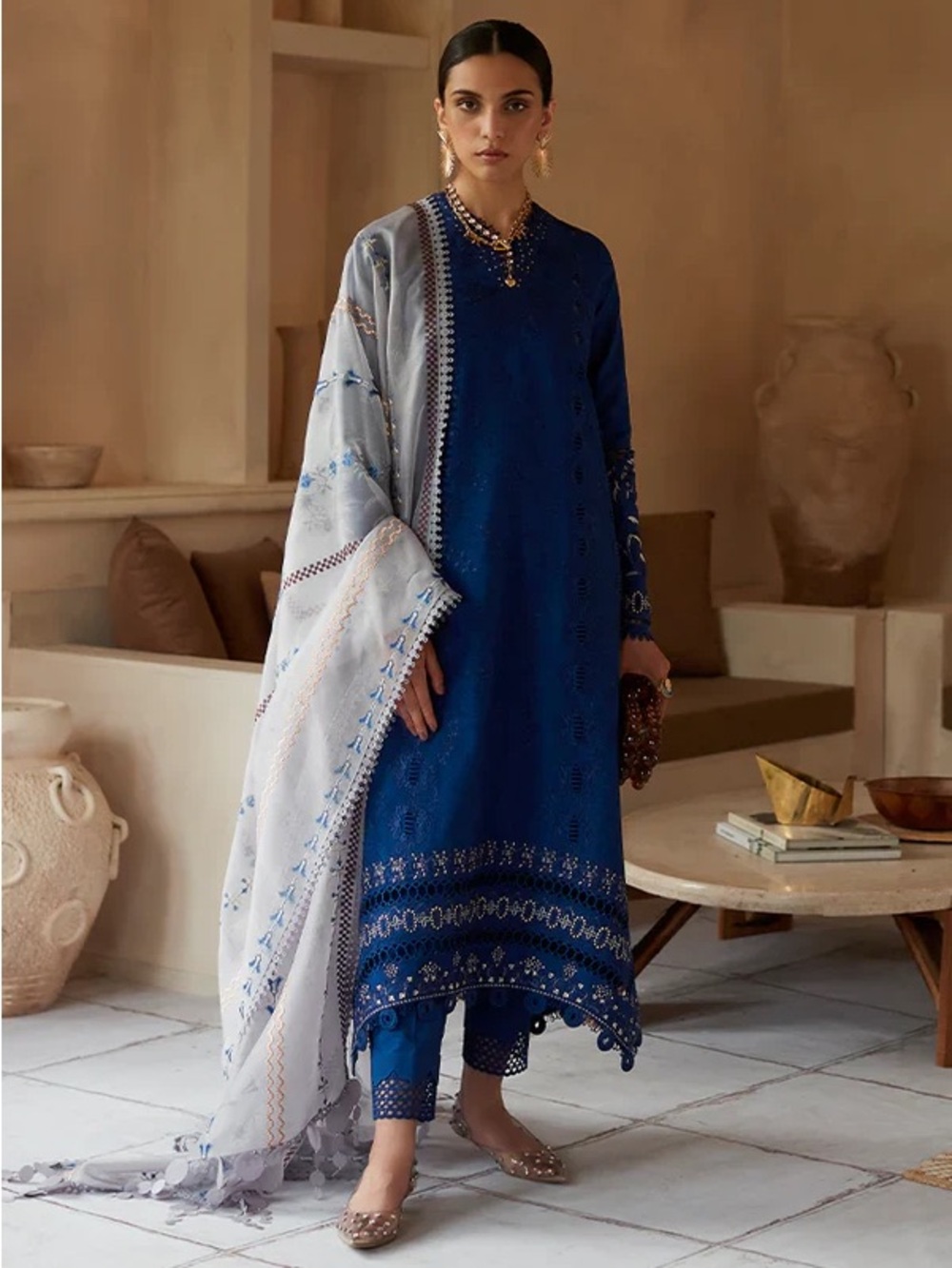 Pakistani Designer Suffuse Embroidered Royal Blue Dress with Light Gray Duptta